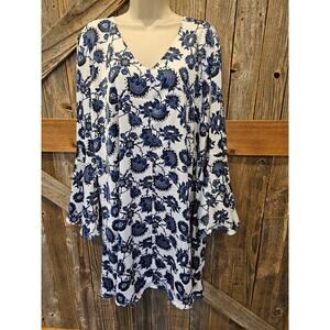 NWT NY&C XL tunic dress shift blue floral long sleeve relaxed fit casual teacher